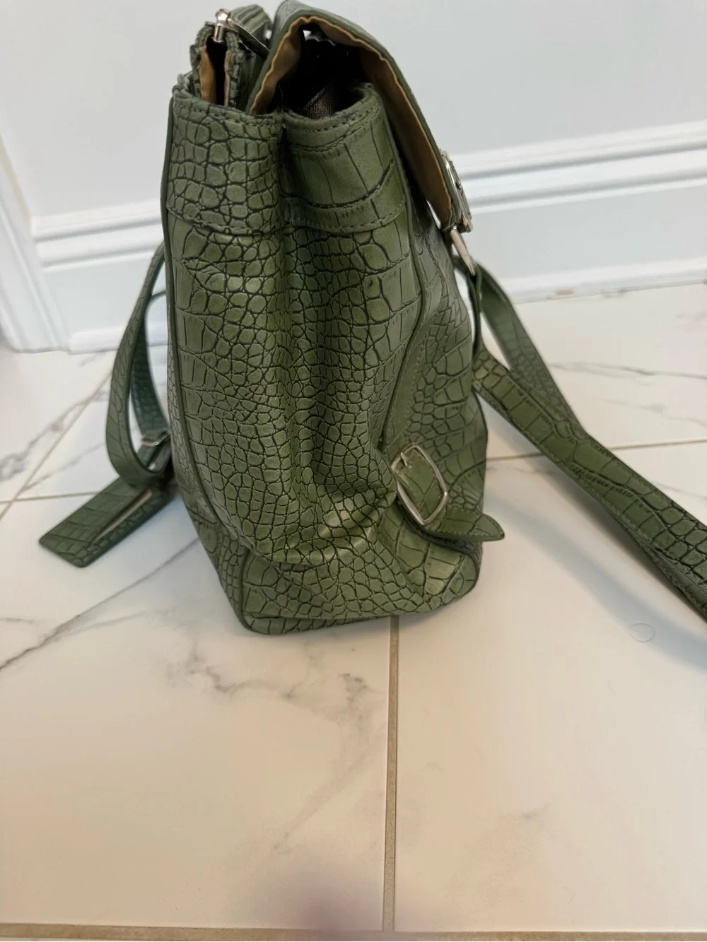 Diane Von Furstenberg Olive Green Croc-Embossed Shoulder Bag